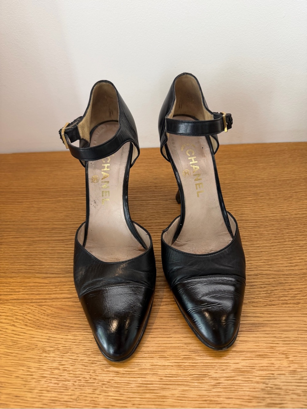 CHANEL Black Leather Pointed-Toe Ankle-Strap Heels